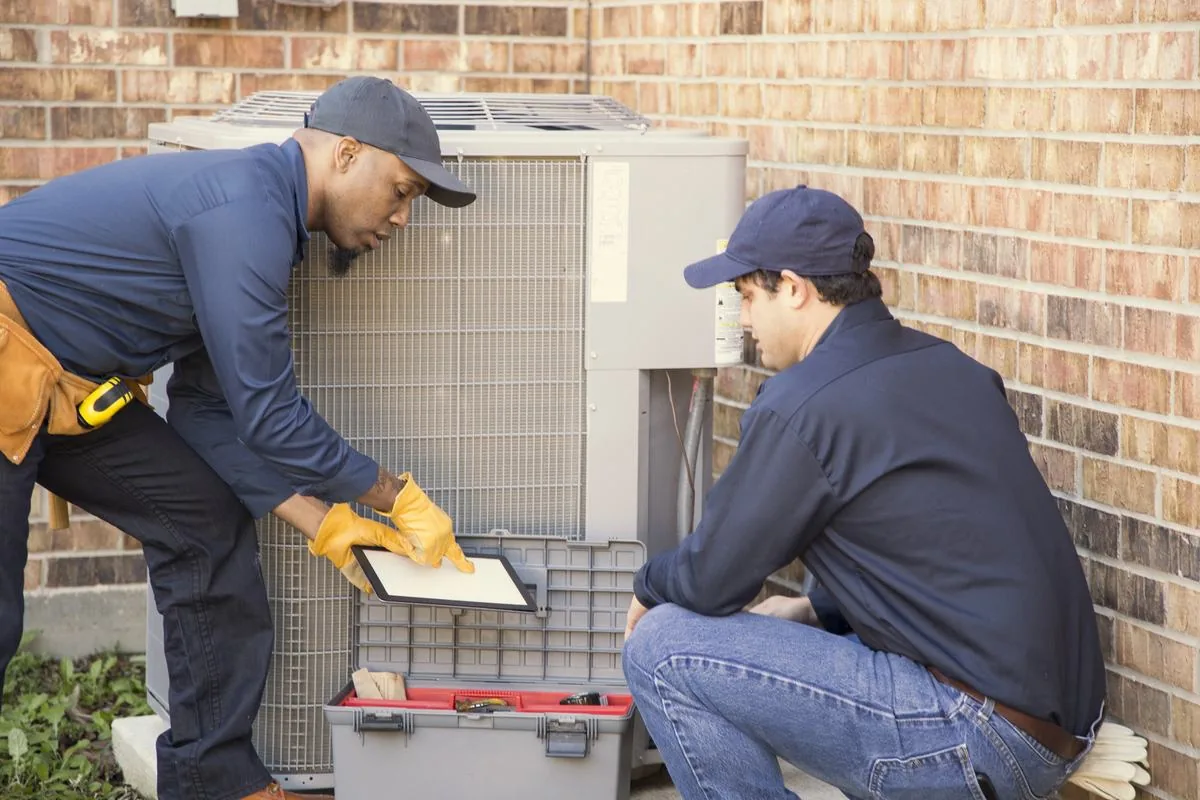 Two HVAC technicians servicing an outdoor unit